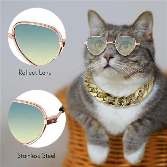 6 Pieces Pet Sunglasses and Summer Pet Straw Hat with Faux Gold Chain Collar - Picture 3 of 7